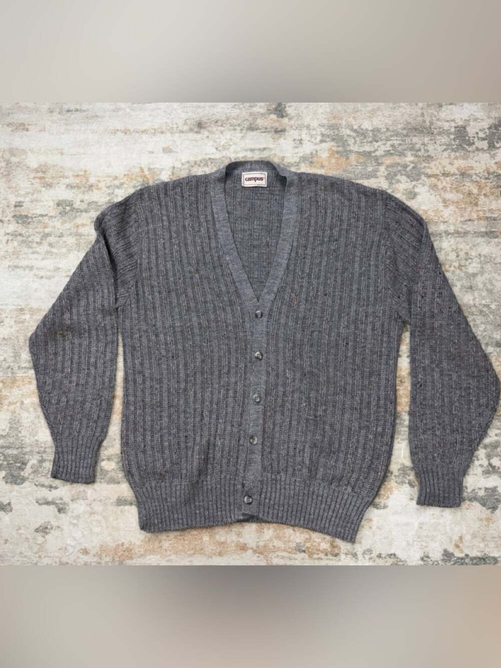 Vintage Campus XL Gray Wool Blend Cardigan Sweater Made in USA Speckled Grandpa